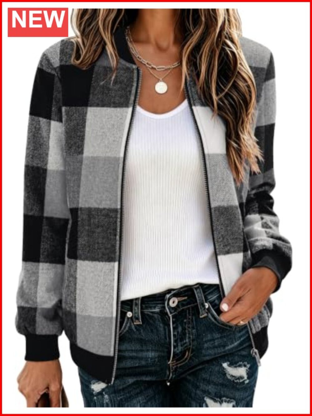 Lightweight Plaid Flannel Bomber Jacket Zip Up Fall Winter